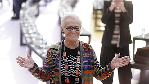 Rosita Missoni poses for photographers before the Missoni women's Spring/Summer 2018/19 fashion collection, presented in Milan, Italy, Sept. 23, 2017. 