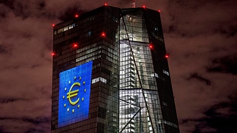 A light installation is projected onto the building of the European Central Bank in Frankfurt, Germany.