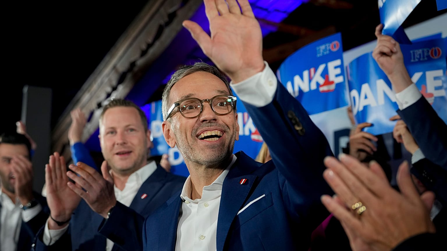 Herbert Kickl, leader of the Freedom Party of Austria waves to supporters, in Vienna, Austria, Sunday, Sept. 29, 2024, after polls closed in the country's national election.