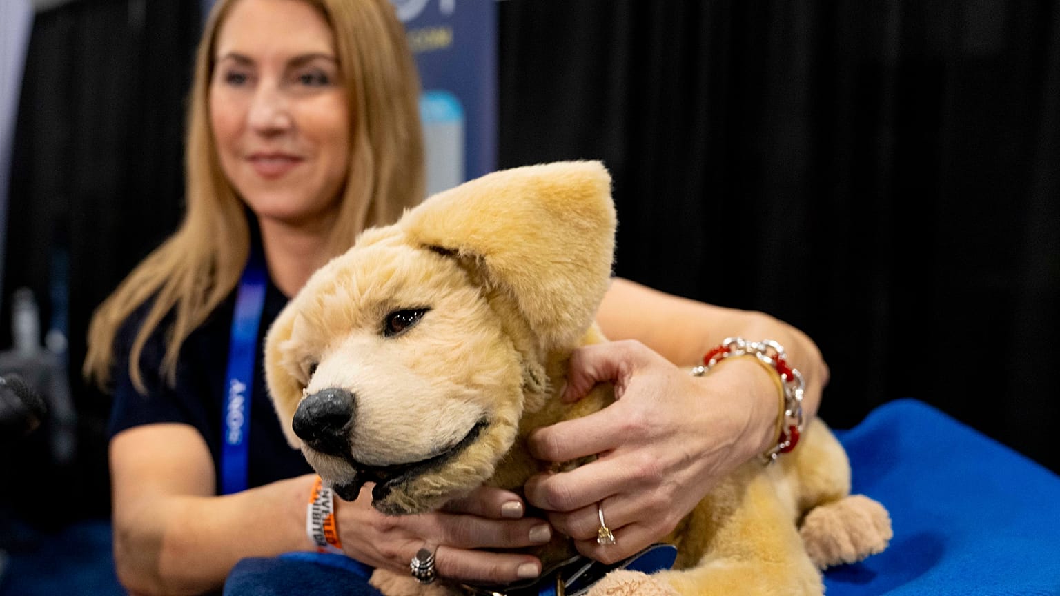 Jennie, a robotic dog for people who can not have a real pet, gets a scratch during 2025 CES Unveiled, Sunday, Jan. 5, 2025, in Las Vegas.