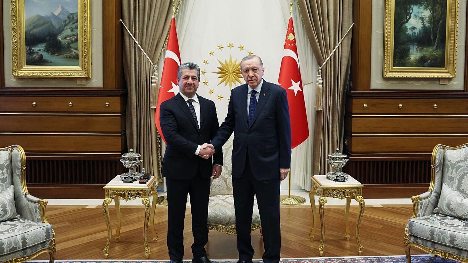 Irak Kürt Bölgesel Yönetimi Başbakanı Mesrur Barzani, Ankara'da Cumhurbaşkanı Recep Tayyip Erdoğan ile beraber, 7 Ocak 2025