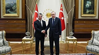 Irak Kürt Bölgesel Yönetimi Başbakanı Mesrur Barzani, Ankara'da Cumhurbaşkanı Recep Tayyip Erdoğan ile beraber, 7 Ocak 2025