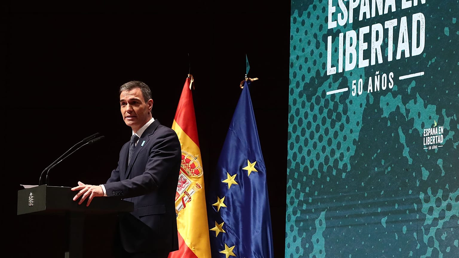 Pedro Sánchez durante el acto de conmemoración de 50 años de España en libertad