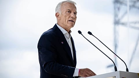 Patrick Martin, head of the French employer association Medef,  delivers a speech during a business meeting in Paris. 28 August 2023.