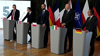 From left: Luke Pollard, Parliamentary Under-Secretary of State in the Britain's Ministry of Defence, France's Minister of the Armed Forces Sebastien Lecornu, Poland's Ministe