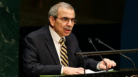 Nawaf Salam libanoni nagykövet felszólal az ENSZ Közgyűlésében 2015. január 22-én, csütörtökön.