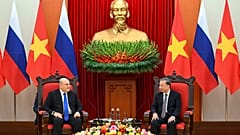 Russian Prime Minister Mikhail Mishustin, left, and Vietnamese General Secretary of the Communist Party To Lam shake hands in Hanoi, Vietnam, Tuesday, 14 Jan 2025. 