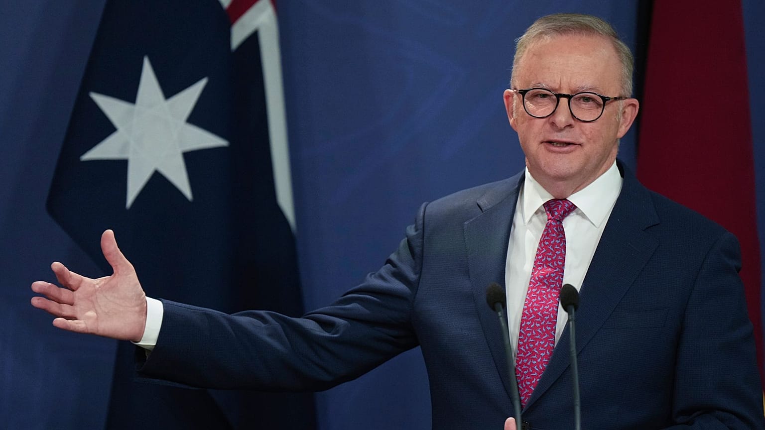 FILE - Australian Prime Minister Anthony Albanese gestures during a press conference in Sydney, Australia, 12 Dec 2024. 