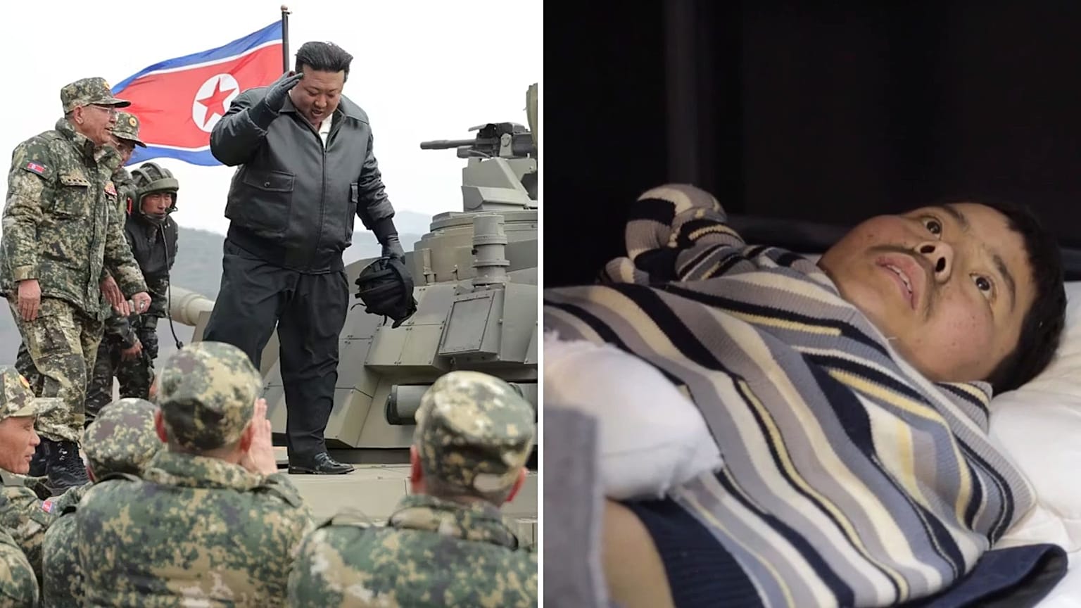 Kim Dzsongun észak-koreai vezető és egy ukrajnai hadifogoly