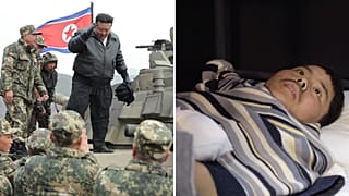 Kim Dzsongun észak-koreai vezető és egy ukrajnai hadifogoly