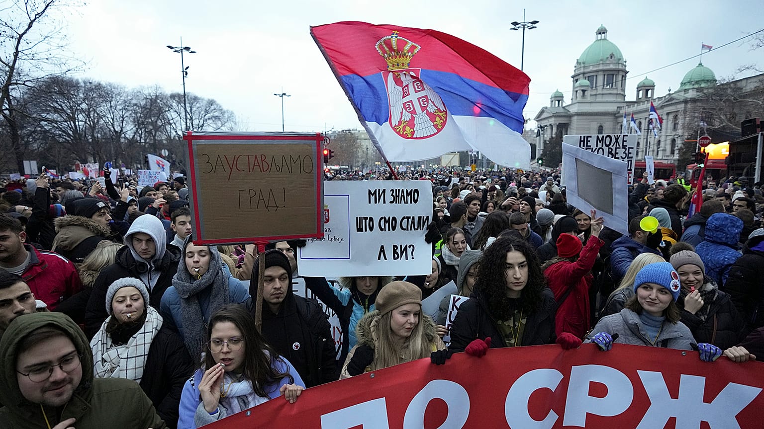 FILE: People gather in front of Serbia's Constitutional Court during a protest over the collapse of a concrete awning that killed 15 more than two months ago, 12 January 2025