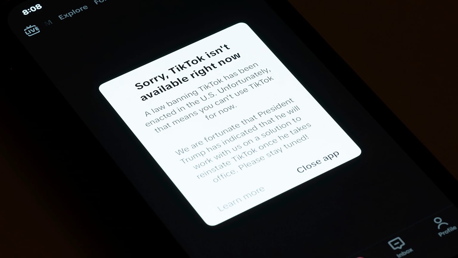 A message reading "Sorry, TikTok isn't available right now" is displayed on a mobile phone screen on Saturday, January 18, 2025, in Los Angeles.