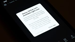 A message reading "Sorry, TikTok isn't available right now" is displayed on a mobile phone screen on Saturday, January 18, 2025, in Los Angeles.