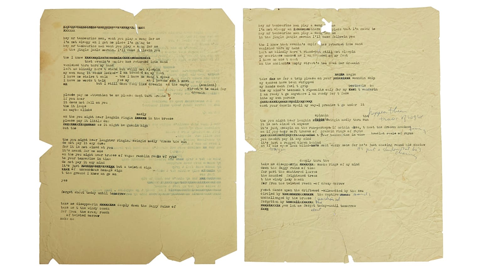 Julien's Auctions tarafından yayınlanan bu tarihsiz görselde müzisyen Bob Dylan'ın ünlü şarkısı "Mr. Tamborine Man "in sözleri yer alıyor.