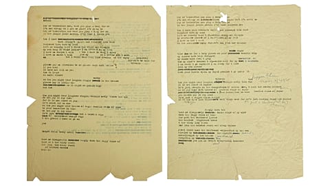 An image released by Julien's Auctions shows musician Bob Dylan's lyrics for famed song "Mr. Tamborine Man" are show in this undated image.