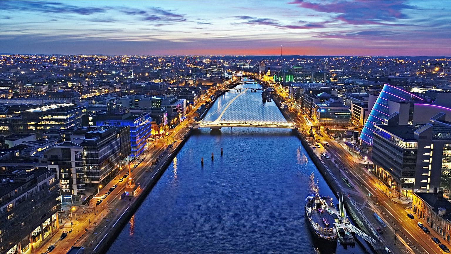 Aerial view of Dublin, Ireland at night 