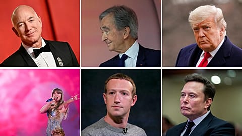 Billionaires Jeff Bezos, Bernard Arnault, Donald Trump, Taylor Swift, Mark Zuckerberg and Elon Musk