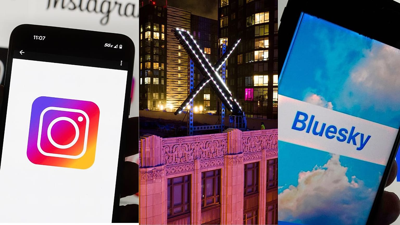 Logótipos do Instagram e do Bluesky e trabalhadores instalam iluminação num sinal "X" no topo da sede da empresa, anteriormente conhecida como Twitter, no centro de São Francisco, 2023