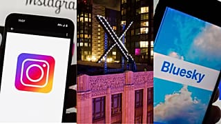 Instagram and Bluesky logos and Workers install lighting on an "X" sign atop the company headquarters, formerly known as Twitter, in downtown San Francisco, 2023