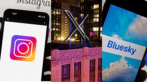 Instagram and Bluesky logos and Workers install lighting on an "X" sign atop the company headquarters, formerly known as Twitter, in downtown San Francisco, 2023