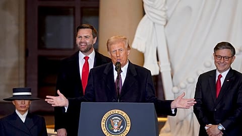 President Donald Trump speaks in Emancipation Hall after the 60th Presidential Inauguration, Monday, Jan. 20, 2025, at the US Capitol in Washington