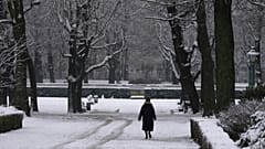 Eine Frau geht im Park spazieren, nachdem am frühen Morgen im Zentrum von Brüssel Schnee gefallen ist.