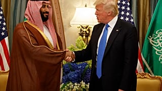 الرئيس دونالد ترامب يصافح ولي العهد السعودي ووزير الدفاع الأمير محمد بن سلمان خلال اجتماع ثنائي، في الرياض، 20 مايو 2017