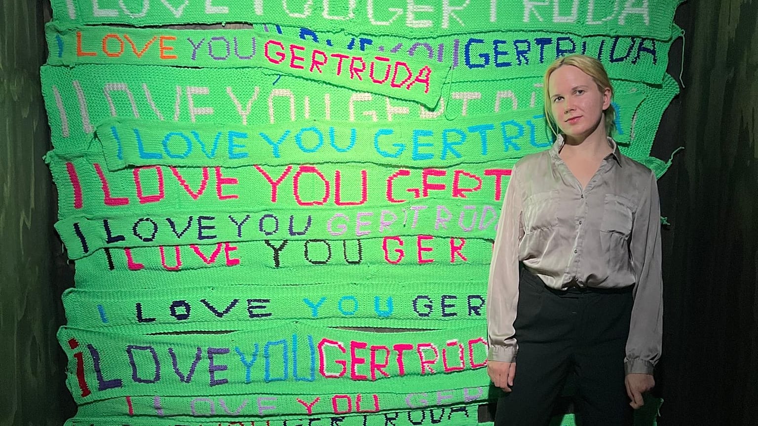Gertrūda Gilytė and her scarves, displayed at a recent exhibition. 