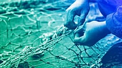 DOSSIER : Un membre de l'équipage du navire de pêche Sophie Louise II répare les filets déchirés sur le quai, à North Shields, dans le nord-est de l'Angleterre, en décembre 2007.