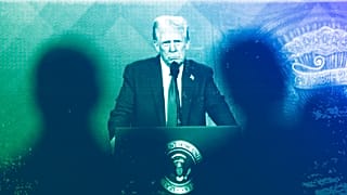 People follow a virtual speech of US President Donald Trump at the Annual Meeting of World Economic Forum in Davos, 23 January 2025