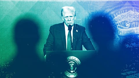 People follow a virtual speech of US President Donald Trump at the Annual Meeting of World Economic Forum in Davos, 23 January 2025