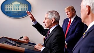 Fauci, Trump elnök és Mike Pence alelnök 2020 április 22.