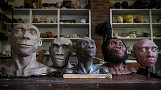 Neandertal ve hominin büstleri, 31 Mayıs 2023 Çarşamba günü New York, Trumansburg'daki paleoartist John Gurche'nin stüdyosunda bir masayı süslüyor
