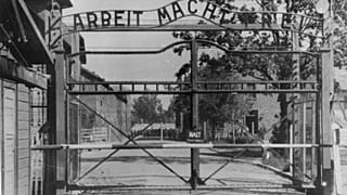 Az auschwitzi koncentrációs tábor bejárata a felirattal: "A munka szabaddá tesz"