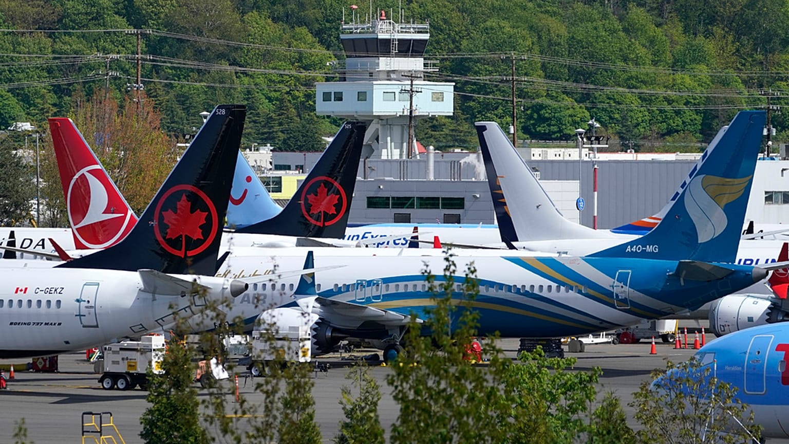 Boeing 737 Max airplanes, belonging to Air Canada and other airlines, sit parked in a storage lot, Monday, April 26, 2021