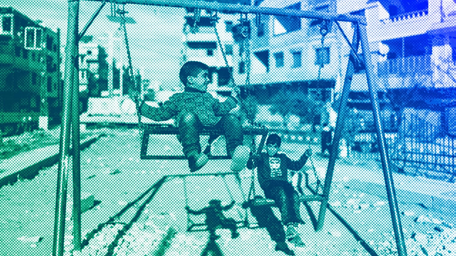  Children play in the town of Harasta, which saw fierce fighting during the war between opposition forces and the Assad regime, on the outskirts of Damascus, January 2025