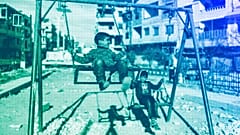  Children play in the town of Harasta, which saw fierce fighting during the war between opposition forces and the Assad regime, on the outskirts of Damascus, January 2025