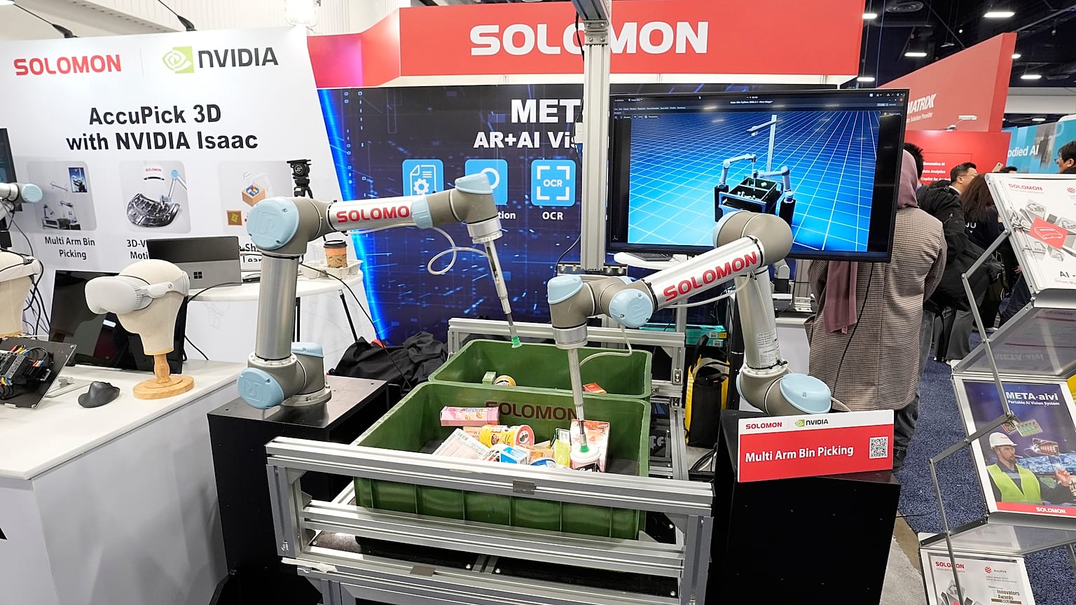 A Solomon Multi Arm Bin Picking machine with Nvidia Isaac robotics is displayed at a Solomon booth during January's CES tech show in Las Vegas