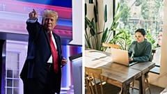 Soldaki fotoğrafta ABD Başkanı Donald Trump, sağdaki stok fotoğrafta dizüstü bilgisayarıyla uğraşan bir kadın görülüyor.