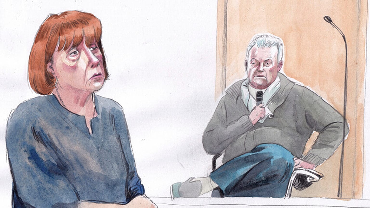 Retrato robot que muestra a Gisèle Pelicot, a la izquierda, y a su exmarido Dominique Pelicot, a la derecha, durante el juicio en Aviñón