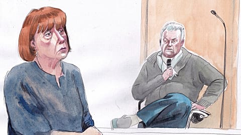 FILE - This courtroom sketch shows Gisèle Pelicot, left, and her ex-husband Dominique Pelicot, right, during his trial in Avignon, southern France, on Sept. 17, 2024. 