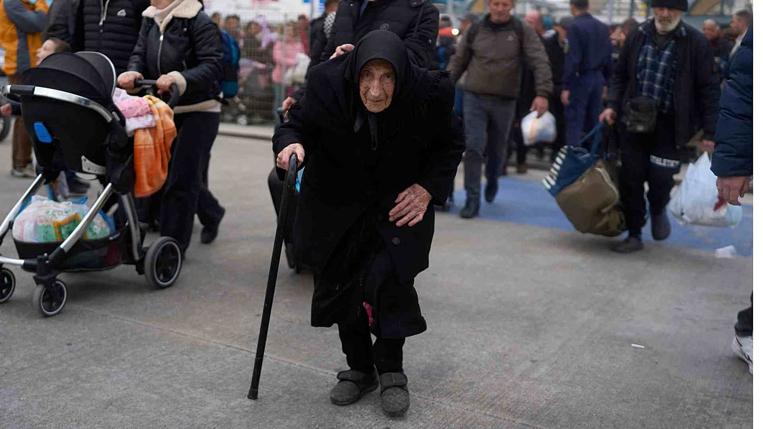 Flora Karamolegou, 94, boards a ferry bound for the Greek mainland, Santorini, 4 February 2025