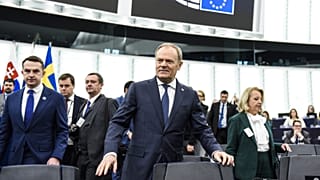 Doanld Tusk lengyel miniszterelnök januárban az Európai Parlamentben, Strasbourgban
