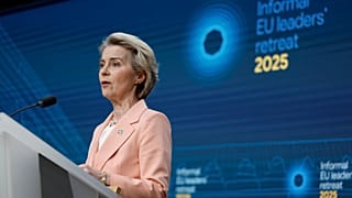 European Commission President Ursula von der Leyen addresses a media conference at the end of an EU summit in Brussels, Monday, Feb. 3, 2025