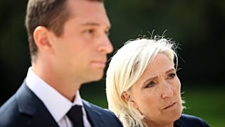 Marine Le Pen, parliamentary leader of the French far-right party RN, and Jordan Bardella, the party's president.
