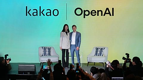 Open AI CEO Sam Altman, right, and Kakao CEO Shina Chung pose for the media at the Kakao media day in Seoul, South Korea, Tuesday, Feb. 4, 2025. 