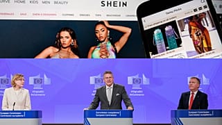 En haut : Shein et Temu. En bas : les commissaires Henna Virkkunen (numérique), Maroš Šefčovič (commerce) et Michael McGrath (justice).