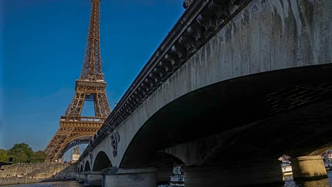 The pont d' Iena is photographed with the Eiffel Tower in Paris, Thursday, June 1, 2023. 