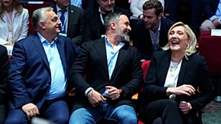 Orbán Viktor, Santiago Abascal és Marine Le Pen a Patrióták Európáért csúcstalálkozón Madridban, február 8-án.