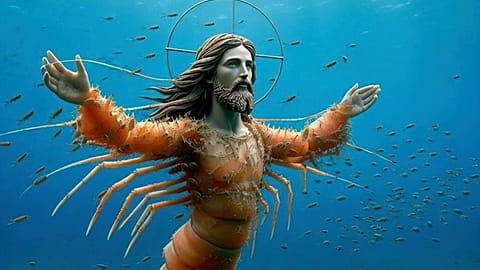 An AI generated "Shrimp Jesus" image uploaded to Facebook, and an example of AI slop.